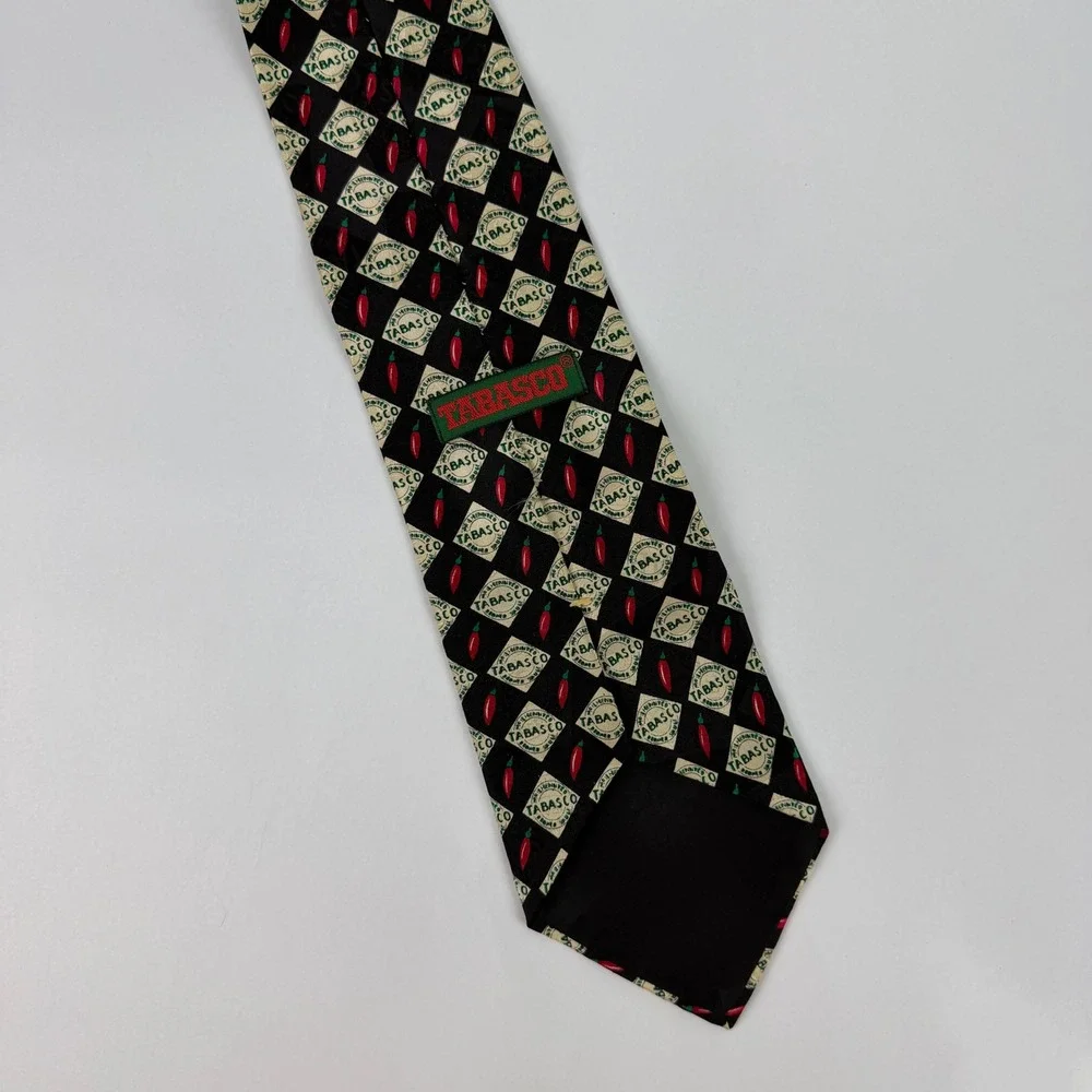Tabasco Mens Silk Tie Black Red Chili Pepper Logo Hot‎ Sauce Novelty Made in USA